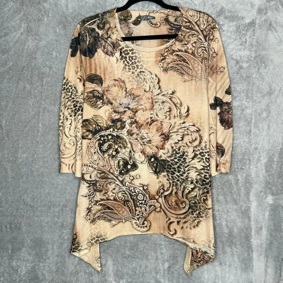 Roz & Ali XL Shirt Top Brown Floral 3/4 Sleeve Scoop‎ Neck Asymmetrical Casual - Picture 1 of 8